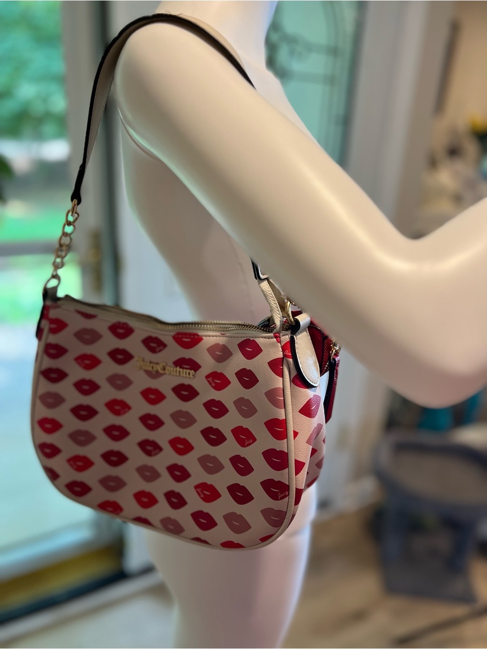 Juicy Couture Pink Lip-Print Shoulder Bag with Red Accents